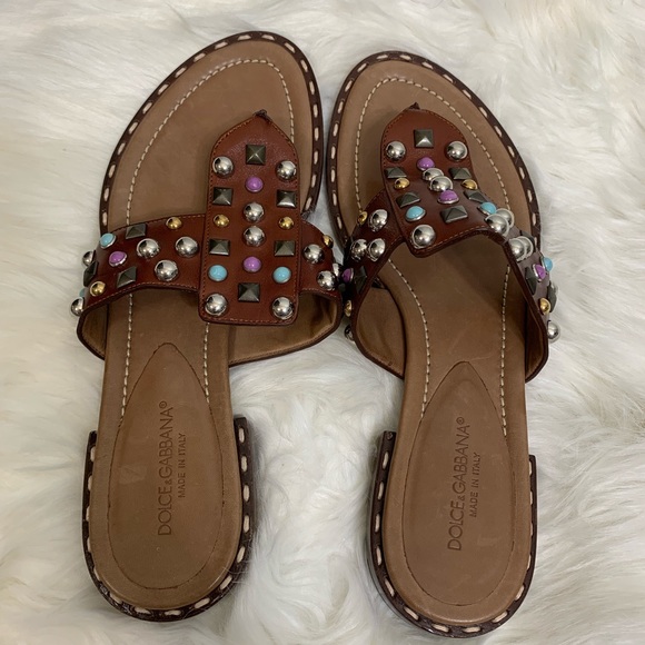 Dolce & Gabbana Calfskin Leather Gem Flip Flops - Picture 6 of 8